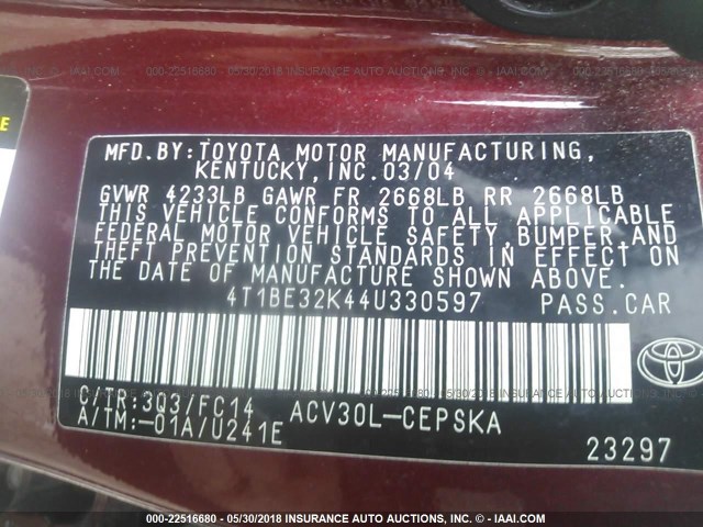 4T1BE32K44U330597 - 2004 TOYOTA CAMRY LE/XLE/SE 勃艮第红 照片 9