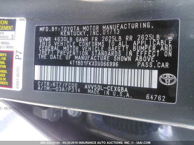 4T1BD1FKXDU066996 - 2013 TOYOTA CAMRY HYBRID/LE/XLE 绿色 照片 9