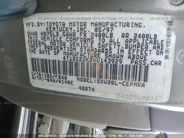 4T1BG22K2VU143929 - 1997 TOYOTA CAMRY CE/LE/XLE 棕色 照片 9