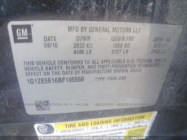 1G1ZE5E16BF195568 - 2011 CHEVROLET MALIBU LTZ 黑色 照片 9