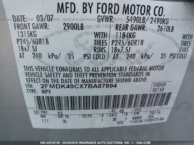 2FMDK49CX7BA87894 - 2007 FORD EDGE SEL PLUS SILVER photo 9