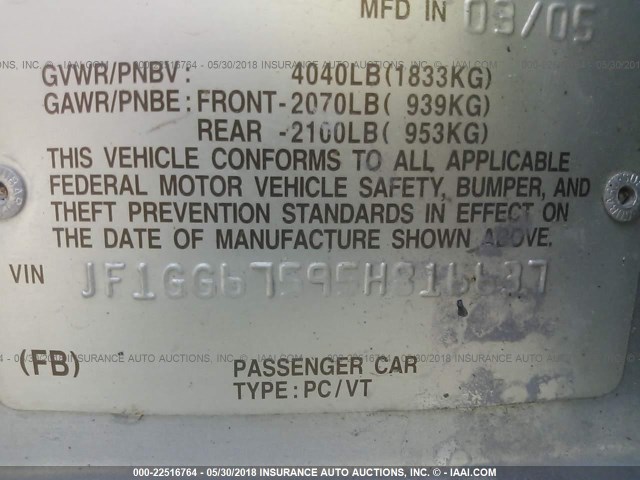 JF1GG67595H816637 - 2005 SUBARU IMPREZA RS SILVER photo 9