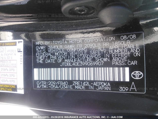 JTDBL40E399069907 - 2009 TOYOTA COROLLA LE/XLE BLACK photo 9