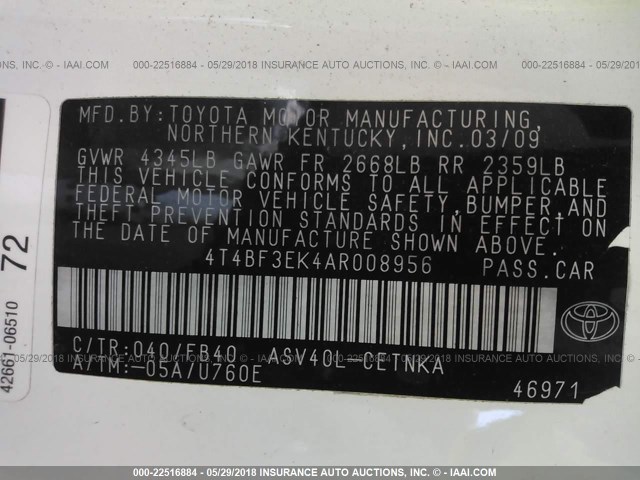 4T4BF3EK4AR008956 - 2010 TOYOTA CAMRY SE/LE/XLE WHITE photo 9