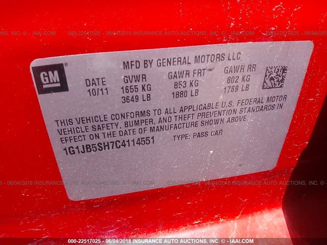 1G1JB5SH7C4114551 - 2012 CHEVROLET SONIC LS 红色 照片 9