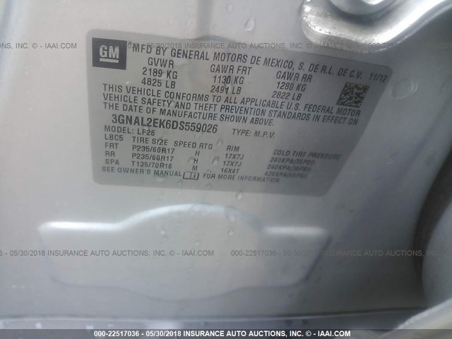 3GNAL2EK6DS559026 - 2013 CHEVROLET CAPTIVA LS 银色 照片 9