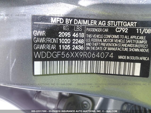 WDDGF56XX9R064074 - 2009 MERCEDES-BENZ C 350 GRAY photo 9