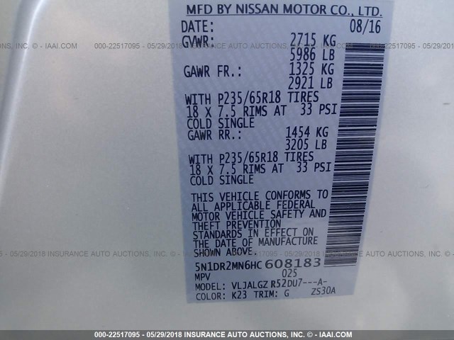 5N1DR2MN6HC608183 - 2017 NISSAN PATHFINDER S/SV/SL/PLATINUM 银色 照片 9