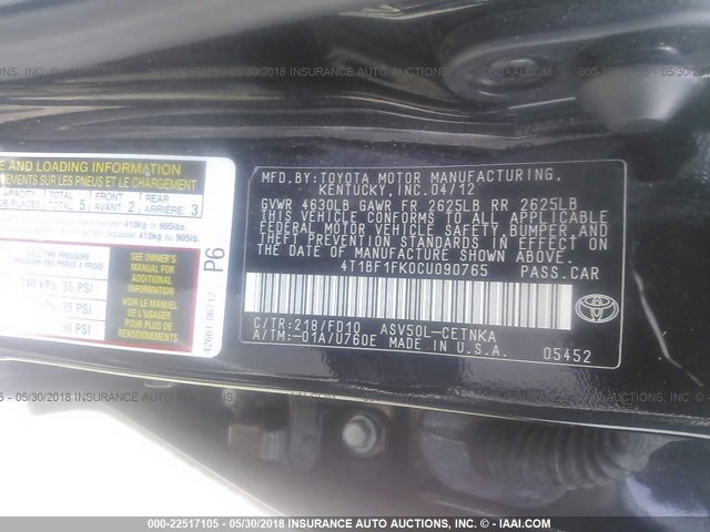 4T1BF1FK0CU090765 - 2012 TOYOTA CAMRY SE/LE/XLE 黑色 照片 9