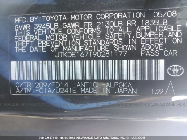 JTKDE167190281177 - 2009 TOYOTA SCION TC 黑色 照片 9