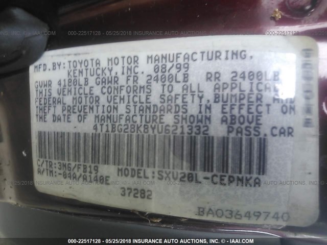 4T1BG28K8YU621332 - 2000 TOYOTA CAMRY CE/LE/XLE 勃艮第红 照片 9