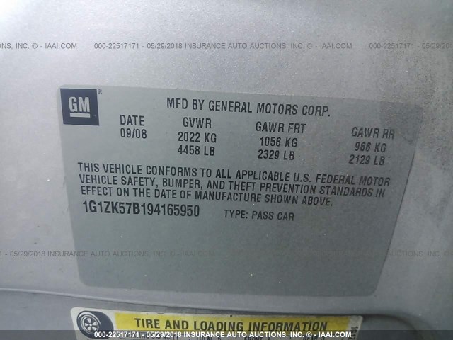 1G1ZK57B194165950 - 2009 CHEVROLET MALIBU LTZ ვერცხლისფერი ფოტო 9