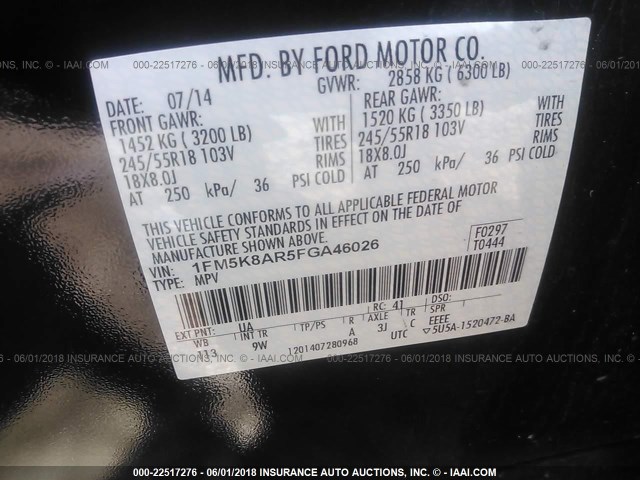 1FM5K8AR5FGA46026 - 2015 FORD EXPLORER POLICE INTERCEPTOR BLACK photo 9