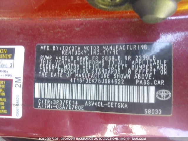 4T1BF3EK7BU684622 - 2011 TOYOTA CAMRY SE/LE/XLE წითელი ფოტო 9