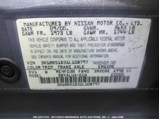 3N1BB51D31L108797 - 2001 NISSAN SENTRA SE GRAY photo 9