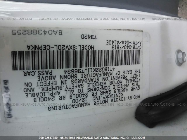 4T1BG22K11U796634 - 2001 TOYOTA CAMRY CE/LE/XLE 白色 照片 9