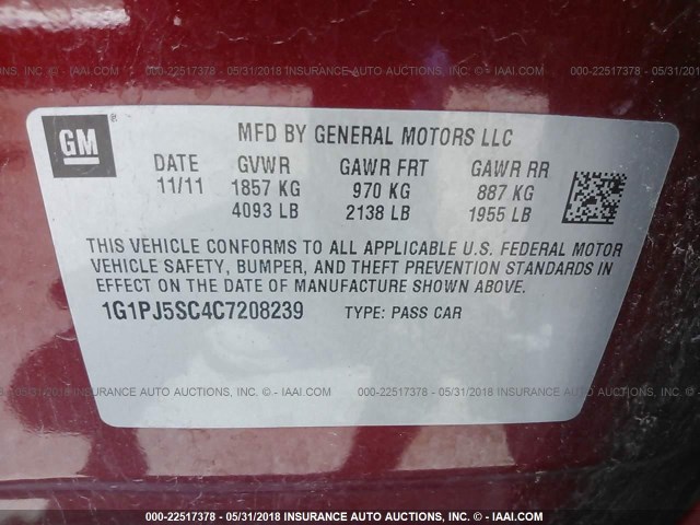 1G1PJ5SC4C7208239 - 2012 CHEVROLET CRUZE ECO RED photo 9