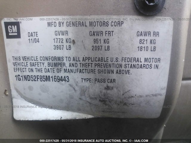 1G1ND52F85M169443 - 2005 CHEVROLET CLASSIC GOLD photo 9