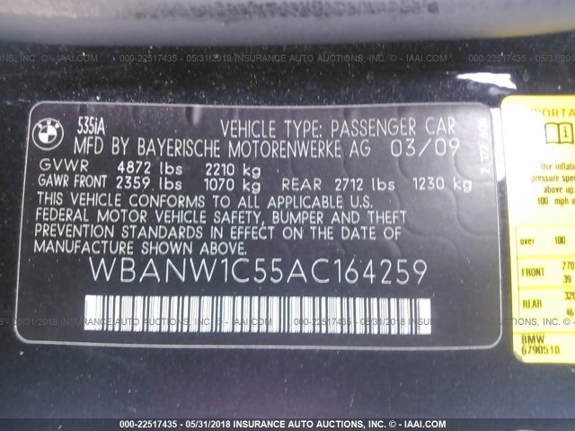 WBANW1C55AC164259 - 2010 BMW 535 I BLACK photo 9