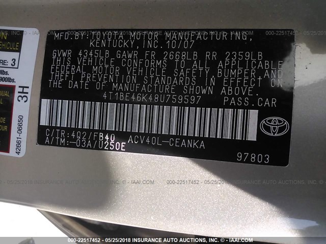 4T1BE46K48U759597 - 2008 TOYOTA CAMRY CE/LE/XLE/SE GOLD photo 9