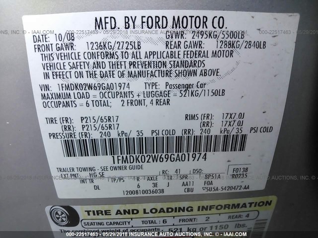 1FMDK02W69GA01974 - 2009 FORD TAURUS X SEL SILVER photo 9