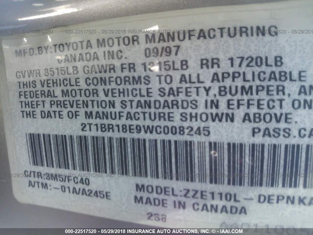 2T1BR18E9WC008245 - 1998 TOYOTA COROLLA VE/CE/LE 米色 照片 9