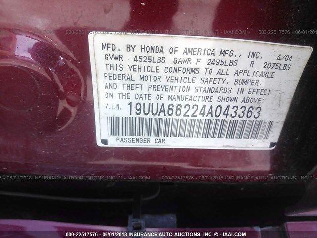 19UUA66224A043363 - 2004 ACURA TL RED photo 9