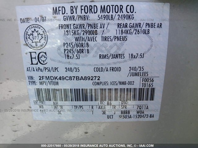 2FMDK49C87BA89272 - 2007 FORD EDGE SEL PLUS TURQUOISE photo 9