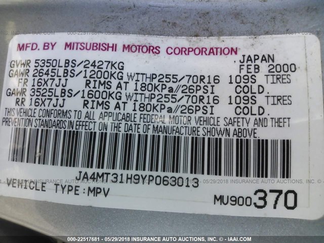 JA4MT31H9YP063013 - 2000 MITSUBISHI MONTERO SPORT LS/SPORT XLS SILVER photo 9