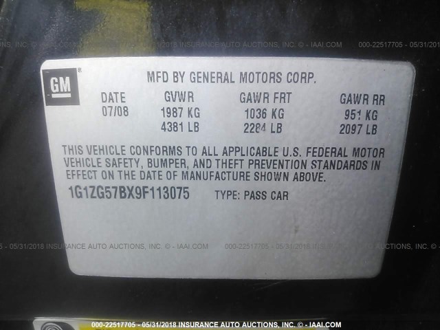 1G1ZG57BX9F113075 - 2009 CHEVROLET MALIBU LS შავი ფოტო 9