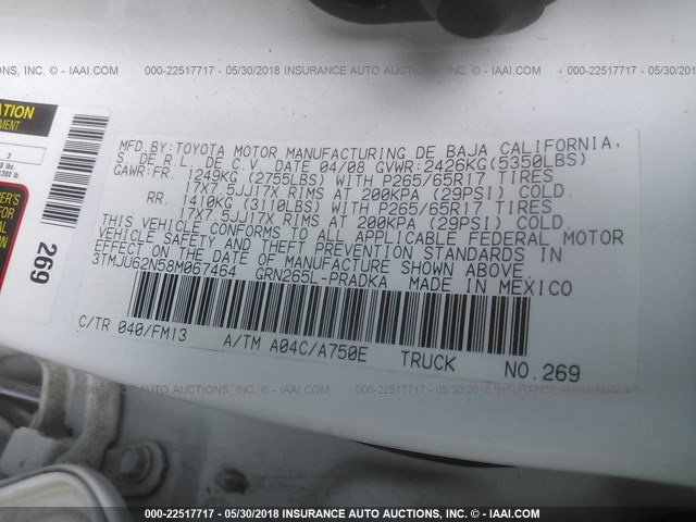 3TMJU62N58M067464 - 2008 TOYOTA TACOMA DOUBLE CAB PRERUNNER WHITE photo 9