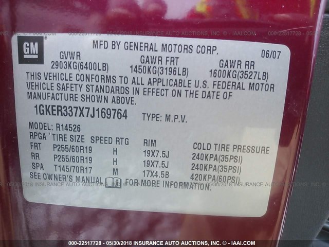 1GKER337X7J169764 - 2007 GMC ACADIA SLT-2 RED photo 9