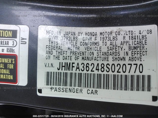 JHMFA36248S020770 - 2008 HONDA CIVIC HYBRID BLUE photo 9