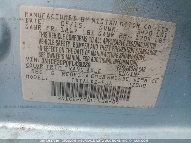 3N1CE2CP0FL438289 - 2015 NISSAN VERSA NOTE S/S PLUS/SV/SL/SR BLUE photo 9