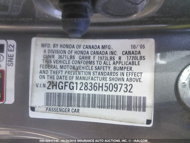 2HGFG12836H509732 - 2006 HONDA CIVIC EX GRAY photo 9