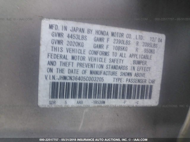 JHMCN36405C003205 - 2005 HONDA ACCORD HYBRID GOLD photo 9