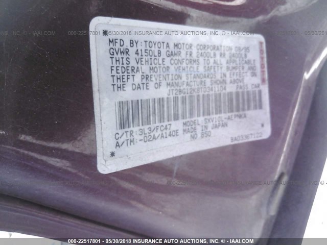 JT2BG12K8T0341104 - 1996 TOYOTA CAMRY DX/LE/XLE RED photo 9