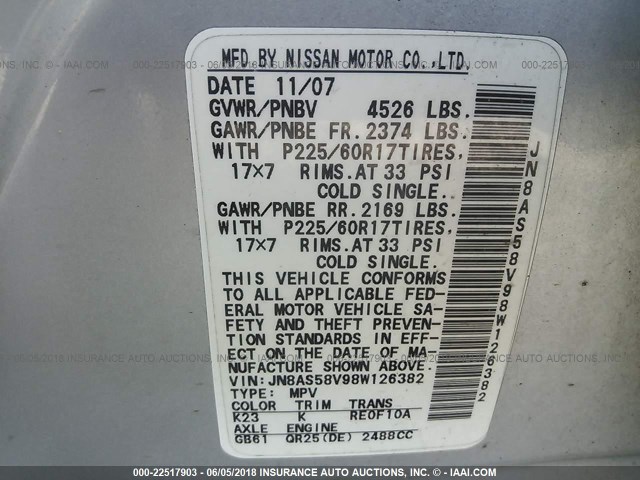 JN8AS58V98W126382 - 2008 NISSAN ROGUE S/SL SILVER photo 9