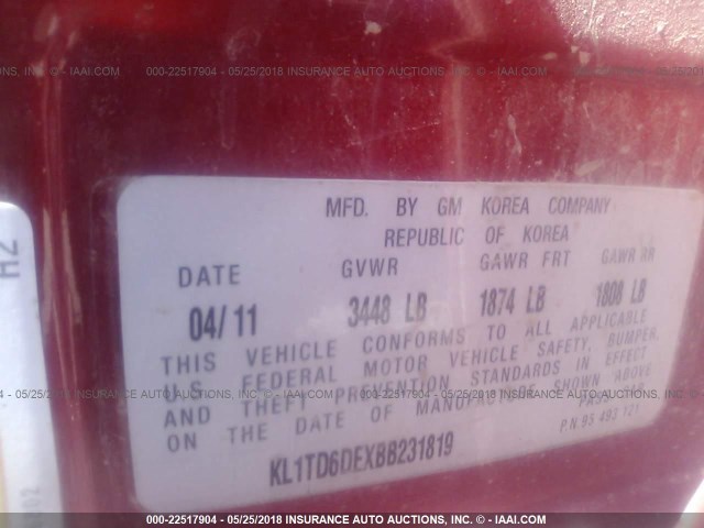 KL1TD6DEXBB231819 - 2011 CHEVROLET AVEO LS/LT 红色 照片 9