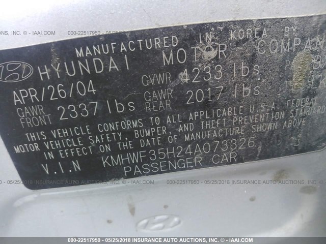 KMHWF35H24A073326 - 2004 HYUNDAI SONATA GLS/LX SILVER photo 9