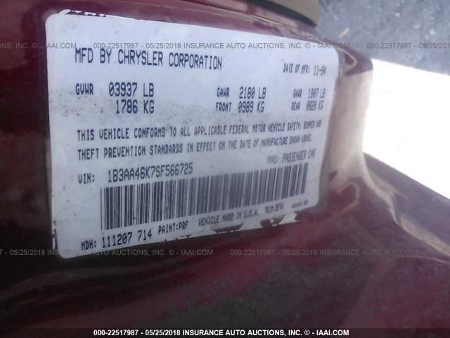 1B3AA46K7SF566725 - 1995 DODGE SPIRIT MAROON photo 9