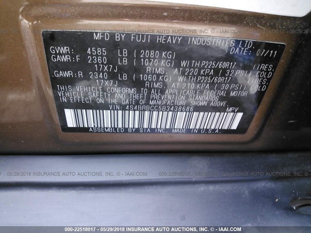 4S4BRBCC5B3438686 - 2011 SUBARU OUTBACK 2.5I PREMIUM BROWN photo 9