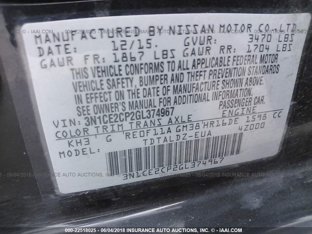 3N1CE2CP2GL374967 - 2016 NISSAN VERSA NOTE S/S PLUS/SV/SL/SR BLACK photo 9