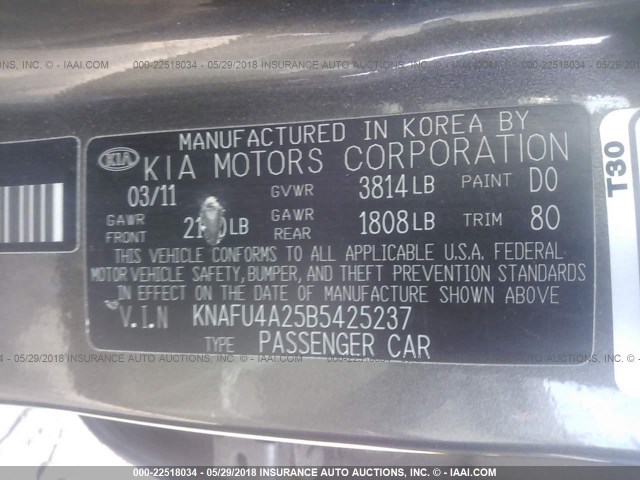 KNAFU4A25B5425237 - 2011 KIA FORTE EX GRAY photo 9