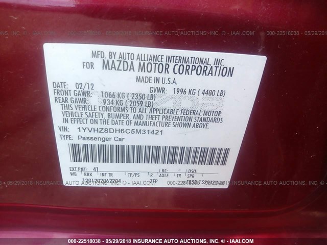 1YVHZ8DH6C5M31421 - 2012 MAZDA 6 I RED photo 9