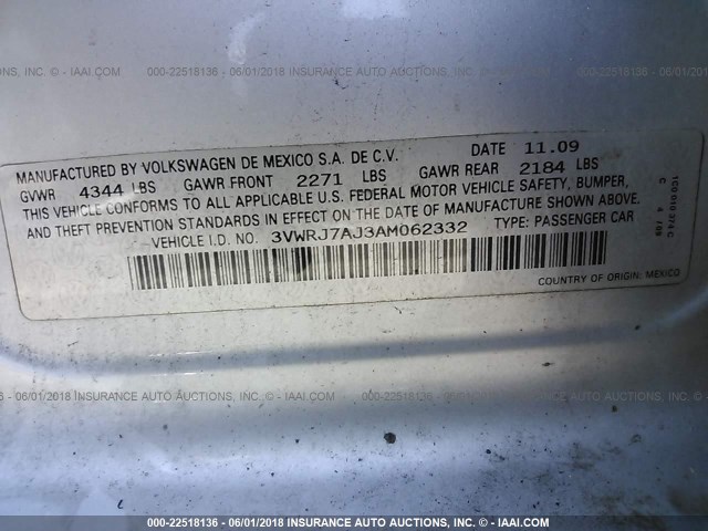 3VWRJ7AJ3AM062332 - 2010 VOLKSWAGEN JETTA WOLFSBURG 银色 照片 9