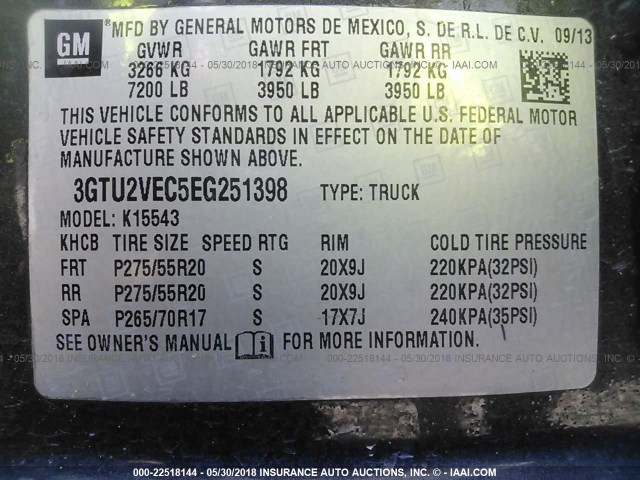 3GTU2VEC5EG251398 - 2014 GMC SIERRA K1500 SLT GRAY photo 9