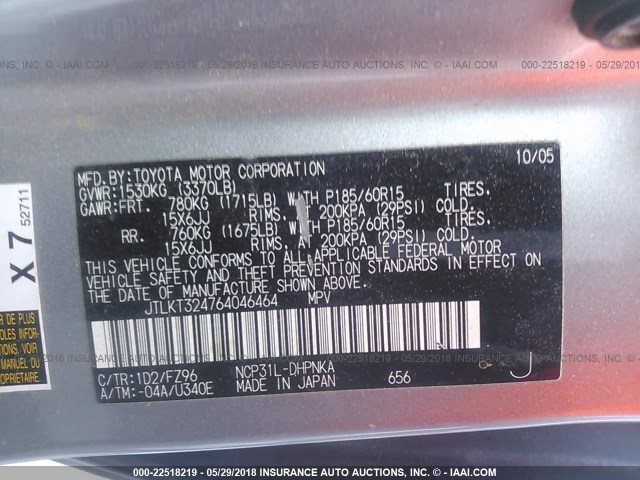 JTLKT324764046464 - 2006 TOYOTA SCION XB ვერცხლისფერი ფოტო 9