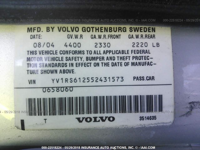YV1RS612552431573 - 2005 VOLVO S60 SILVER photo 9