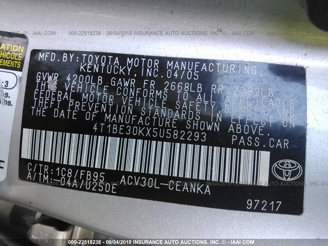 4T1BE30KX5U582293 - 2005 TOYOTA CAMRY LE/XLE/SE ნაცრისფერი ფოტო 9